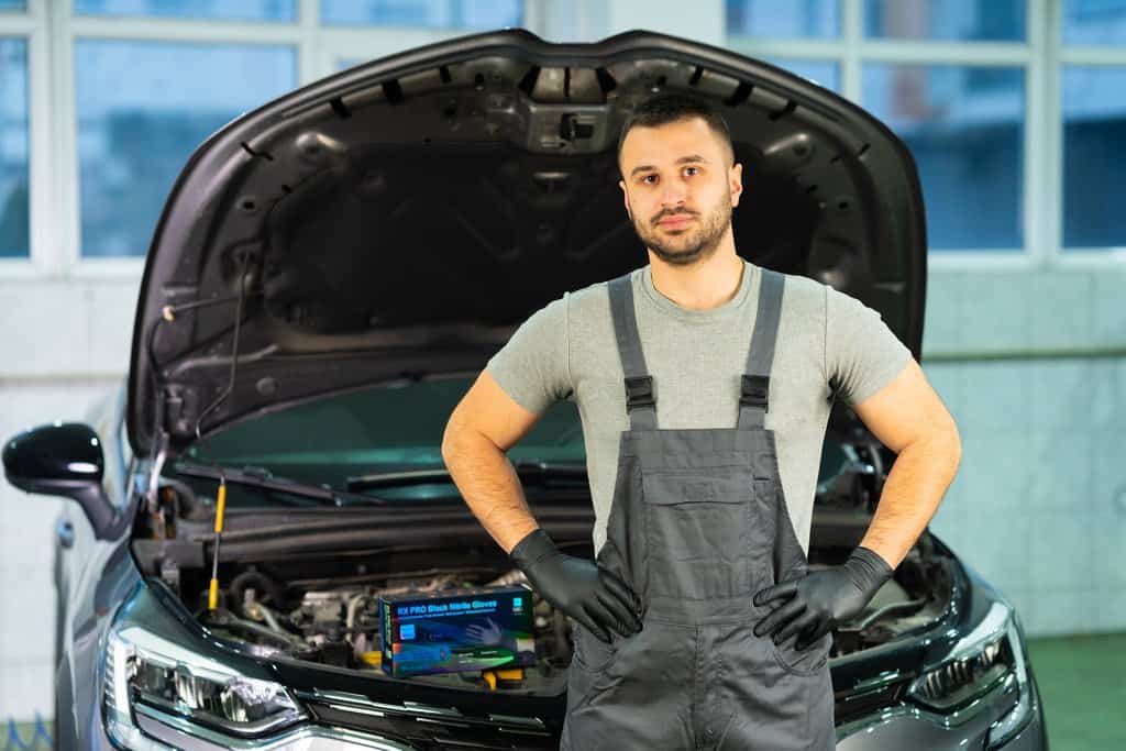 Black nitrile gloves used while working on a vehicle