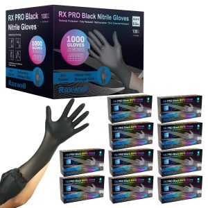 Black XL Raxwell nitrile gloves case with 10 boxes of 100 gloves