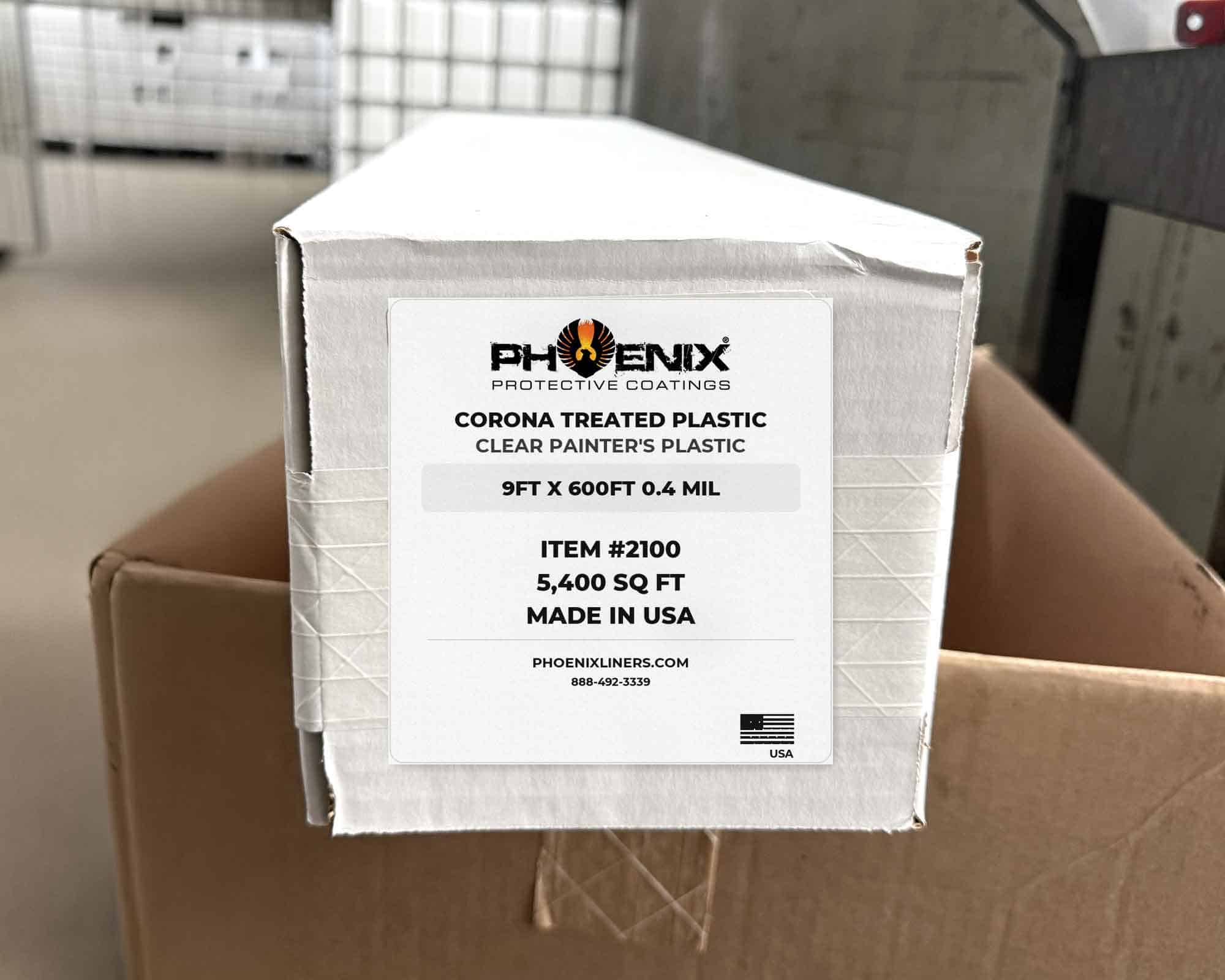 Corona Treated Plastic Sheeting 9' X 600' .4 Mil Clear - Phoenix Liners labeled box